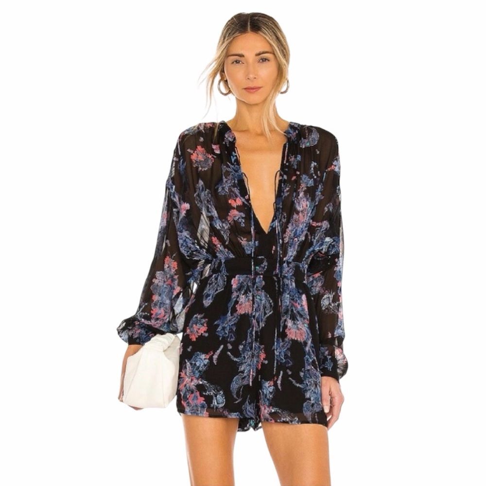 IRO Paris Floral Silk Romper | FR 36 US 4 | Long Sleeve Tie Neck Playsuit
